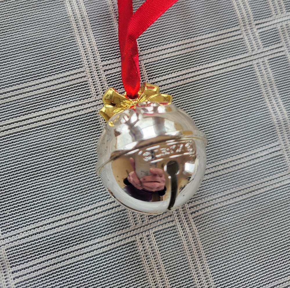 Silver Jingle Bell Ornament with Red Ribbon - Picture 3 of 4